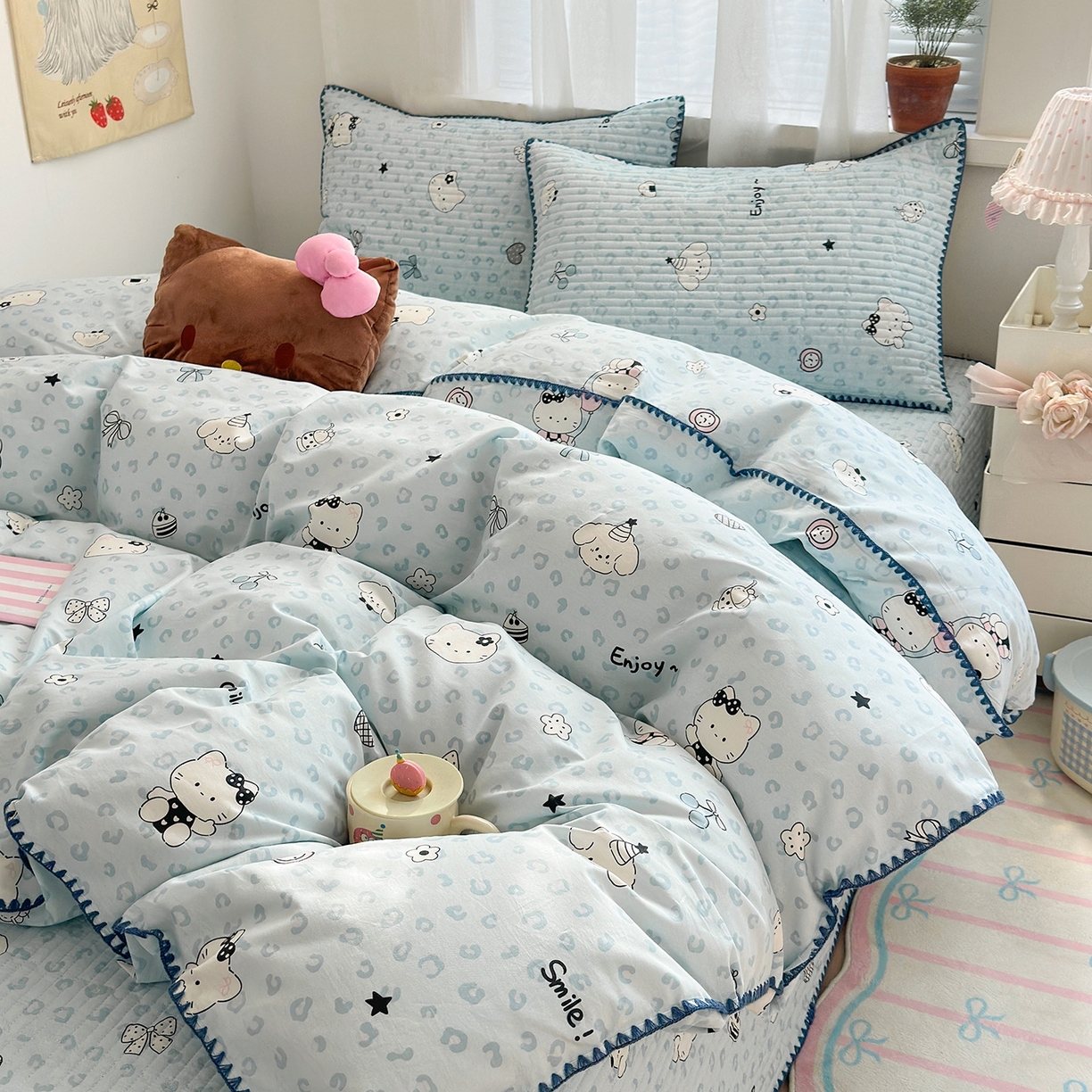 91家纺网 家纺一手货源 找家纺 妮可 2026新款贝壳边双面全棉床盖四件套 豹纹猫咪