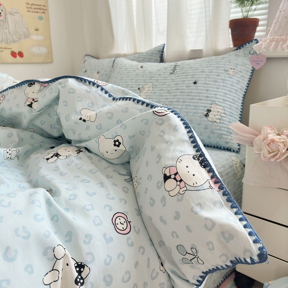 91家纺网 家纺一手货源 找家纺 妮可 2026新款贝壳边双面全棉床盖四件套 豹纹猫咪