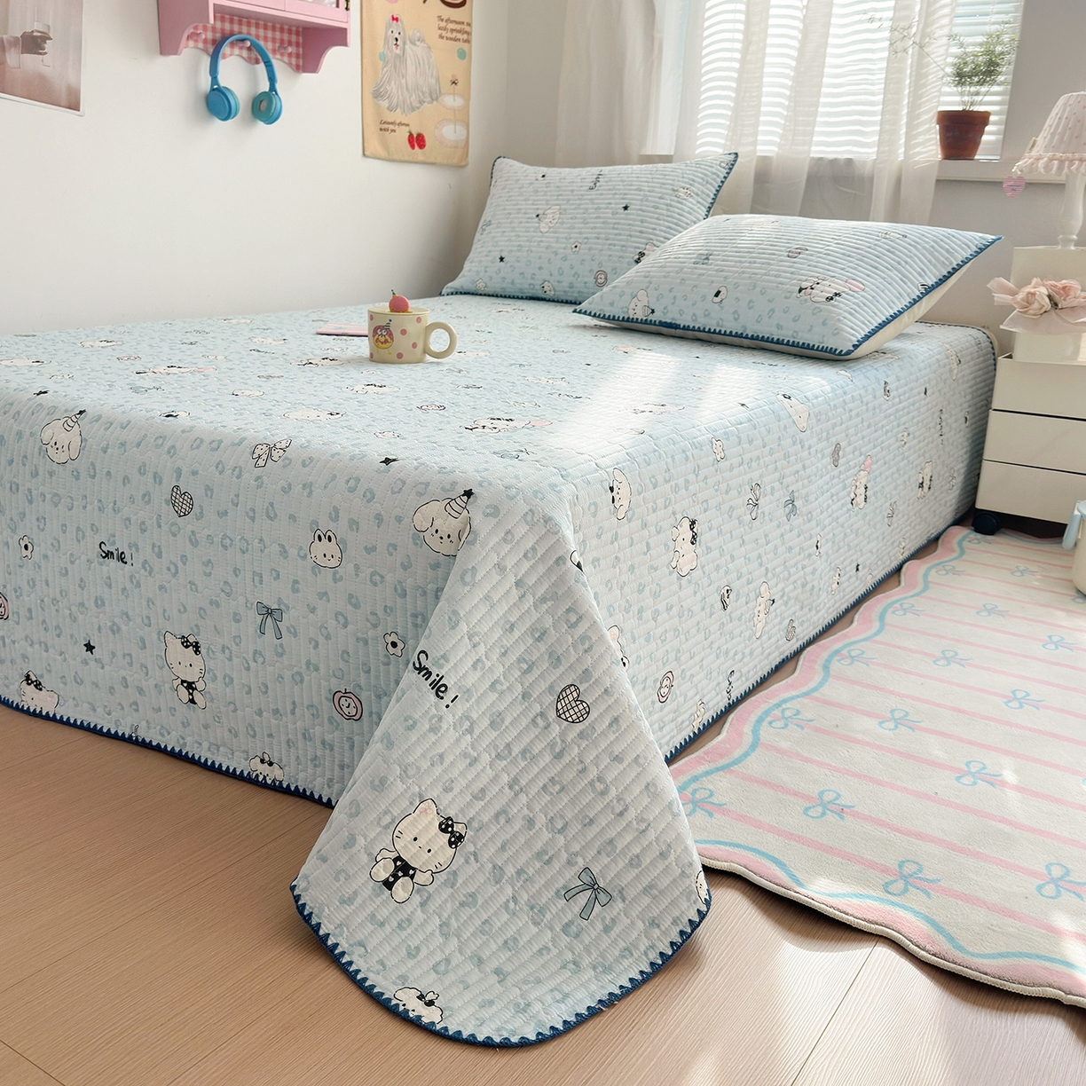 91家纺网 家纺一手货源 找家纺 妮可 2026新款贝壳边双面全棉床盖四件套 豹纹猫咪