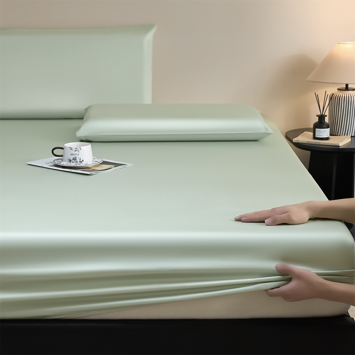 91家纺网 家纺一手货源 找家纺 DC 2026新款莱赛尔天丝纯色单品床笠 亚丁绿