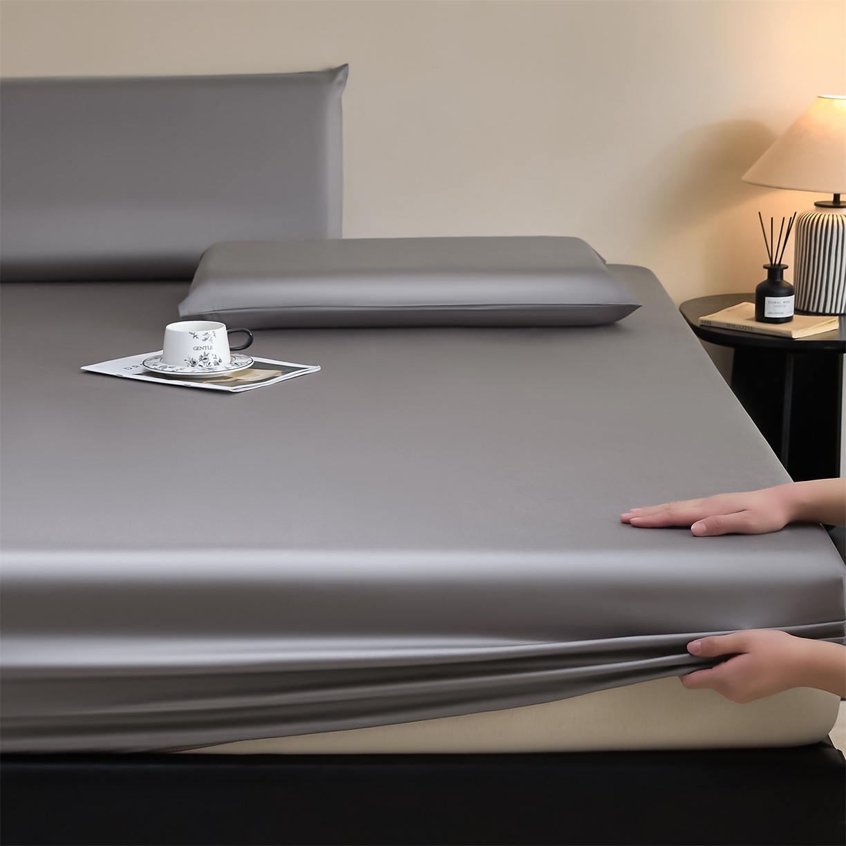 91家纺网 家纺一手货源 找家纺 DC 2026新款莱赛尔天丝纯色单品床笠 经典灰