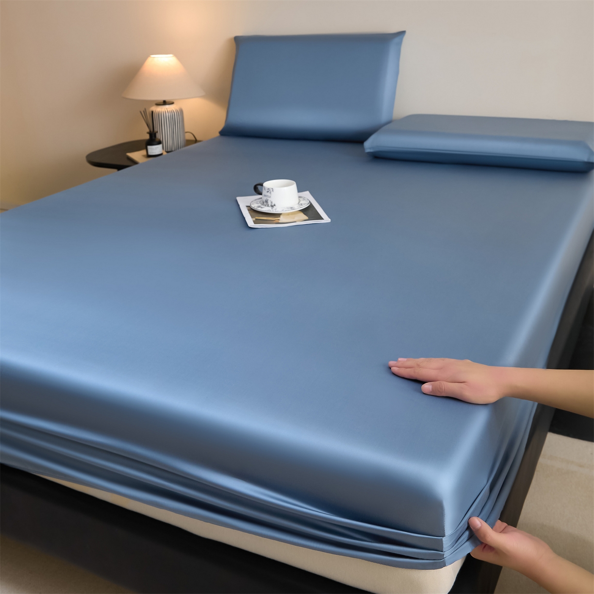 91家纺网 家纺一手货源 找家纺 DC 2026新款莱赛尔天丝纯色单品床笠 梵高蓝