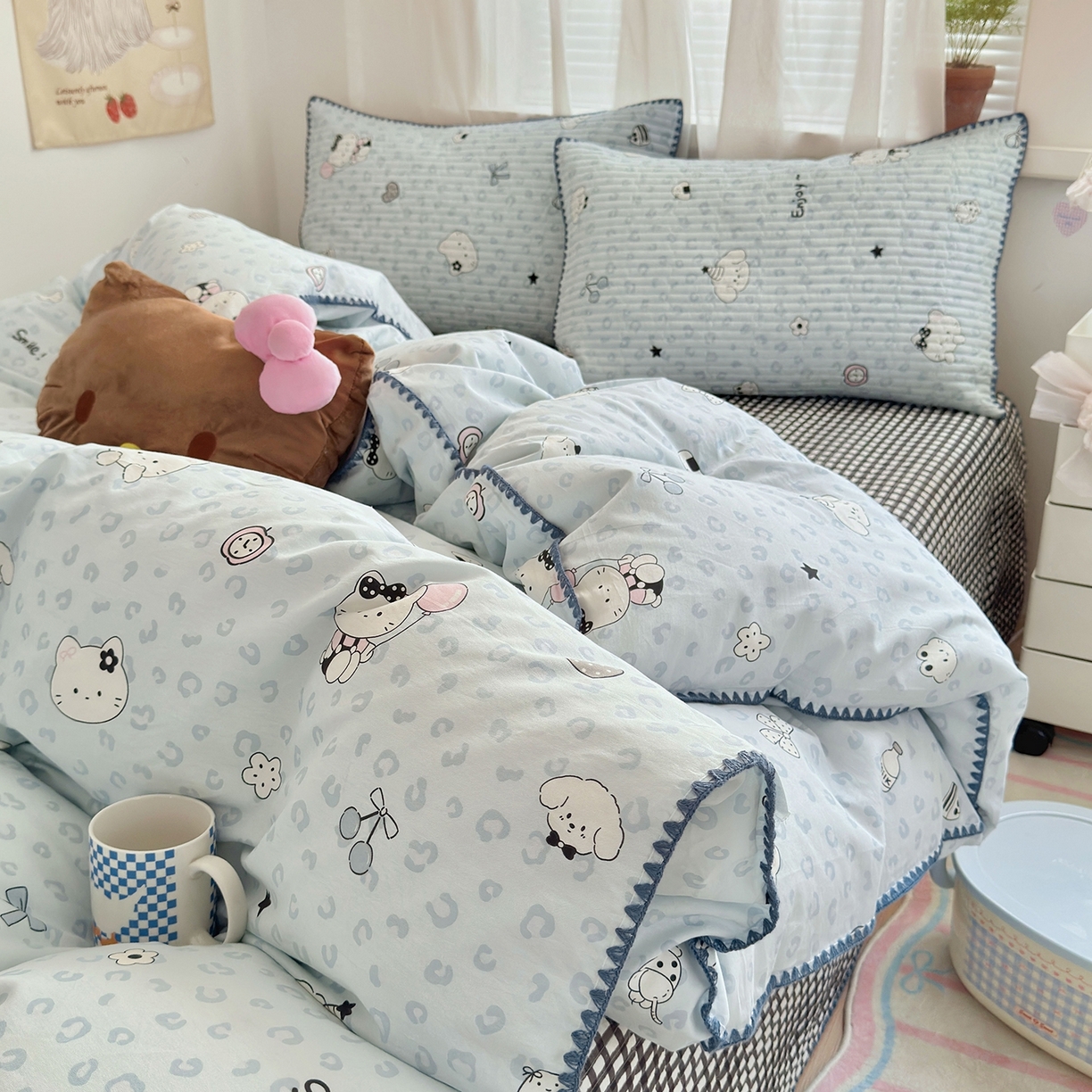 91家纺网 家纺一手货源 找家纺 妮可 2026新款贝壳边双面全棉床盖四件套 豹纹猫咪