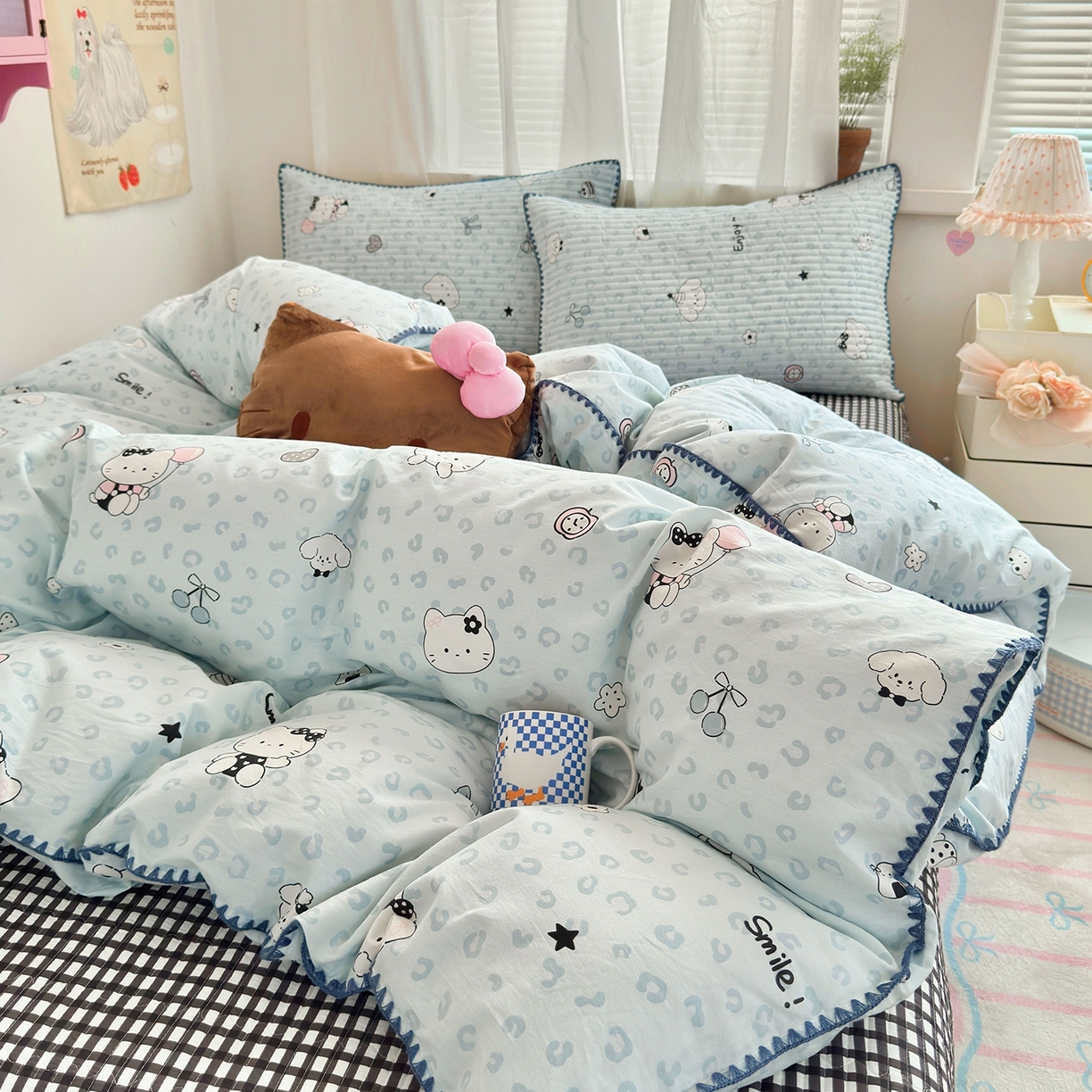 91家纺网 家纺一手货源 找家纺 妮可 2026新款贝壳边双面全棉床盖四件套 豹纹猫咪