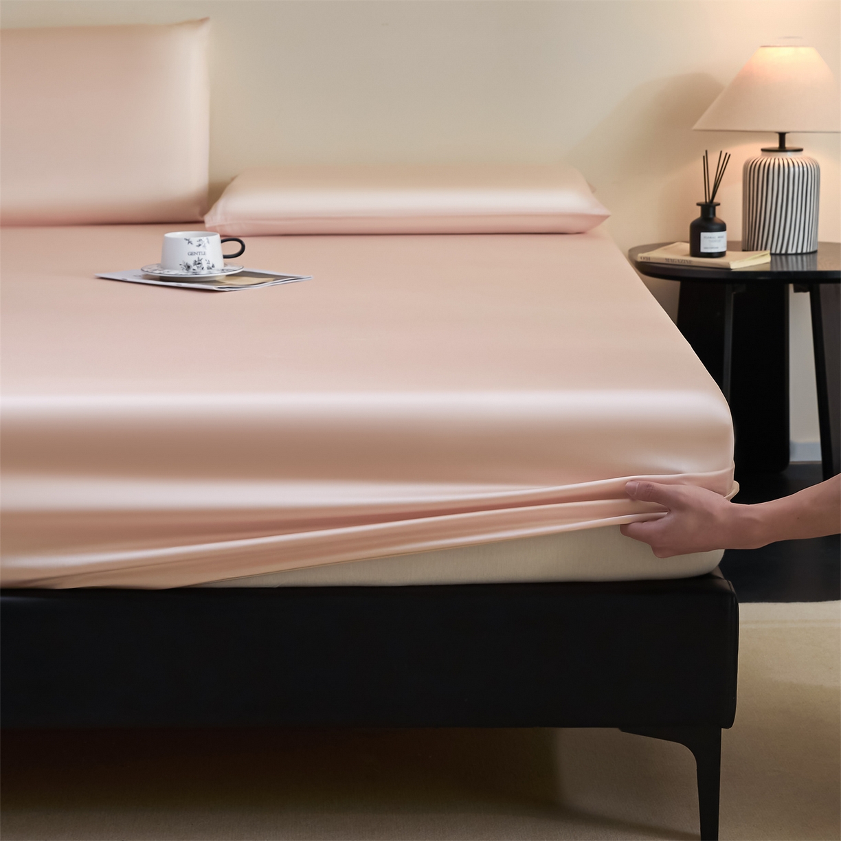 91家纺网 家纺一手货源 找家纺 DC 2026新款莱赛尔天丝纯色单品床笠 素粉