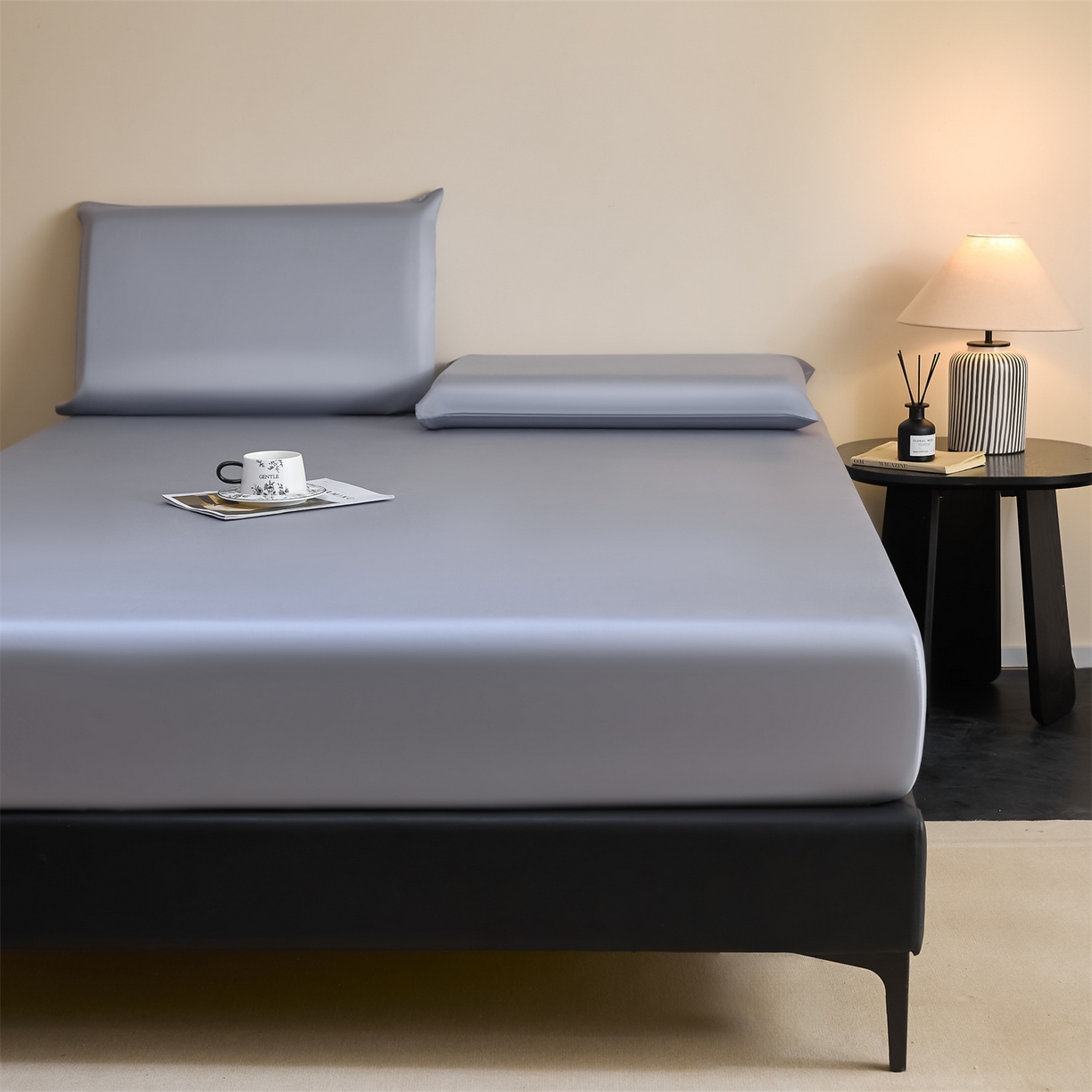 91家纺网 家纺一手货源 找家纺 DC 2026新款莱赛尔天丝纯色单品床笠 极光蓝