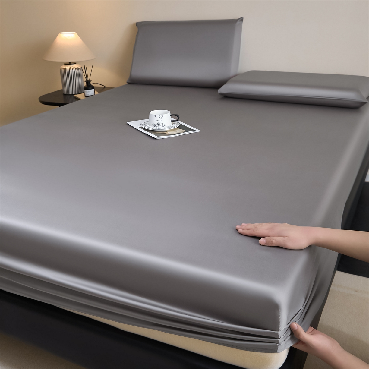 91家纺网 家纺一手货源 找家纺 DC 2026新款莱赛尔天丝纯色单品床笠 经典灰