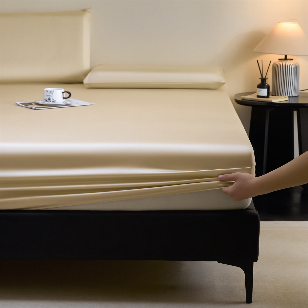 91家纺网 家纺一手货源 找家纺 DC 2026新款莱赛尔天丝纯色单品床笠 卡其