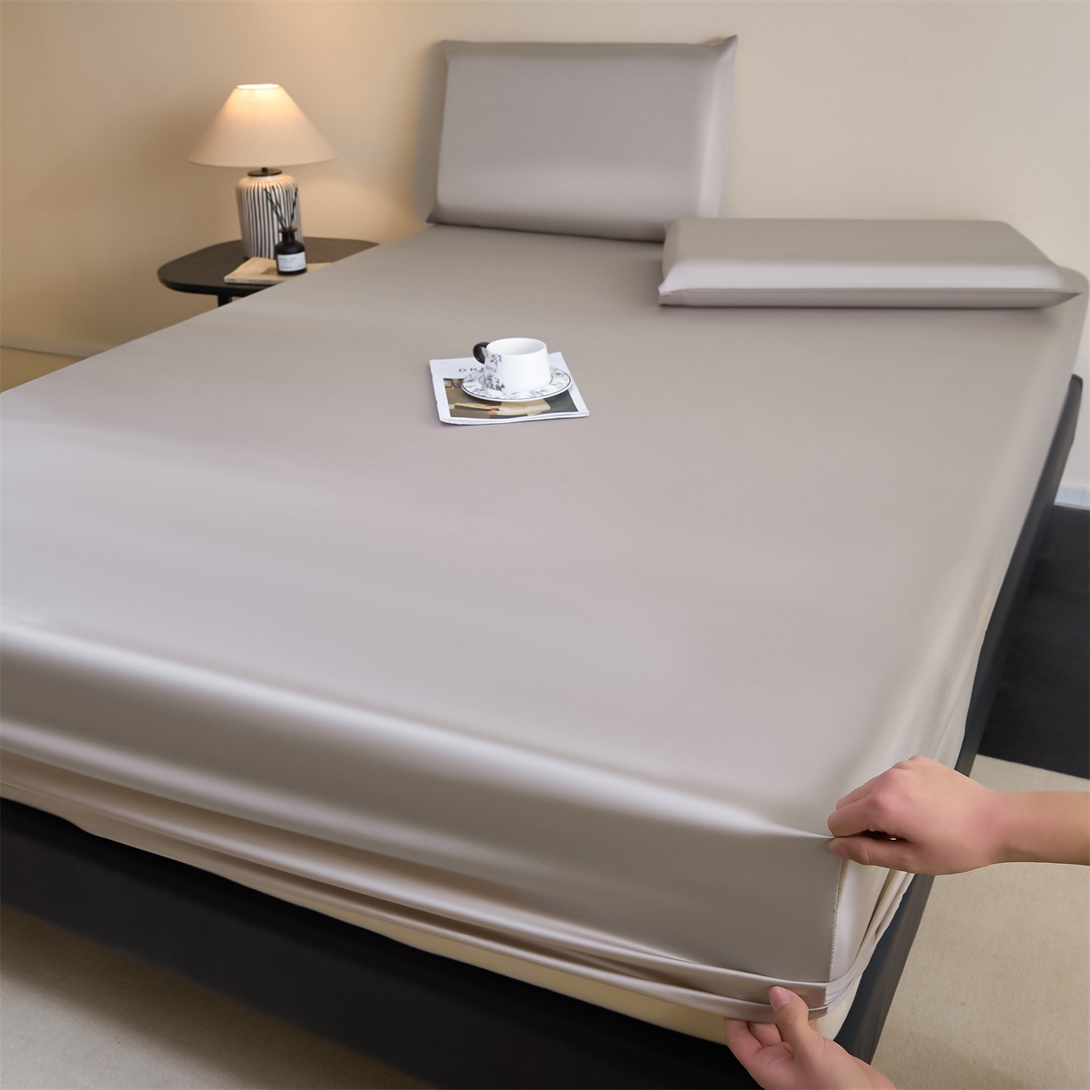 91家纺网 家纺一手货源 找家纺 DC 2026新款莱赛尔天丝纯色单品床笠 椰子灰