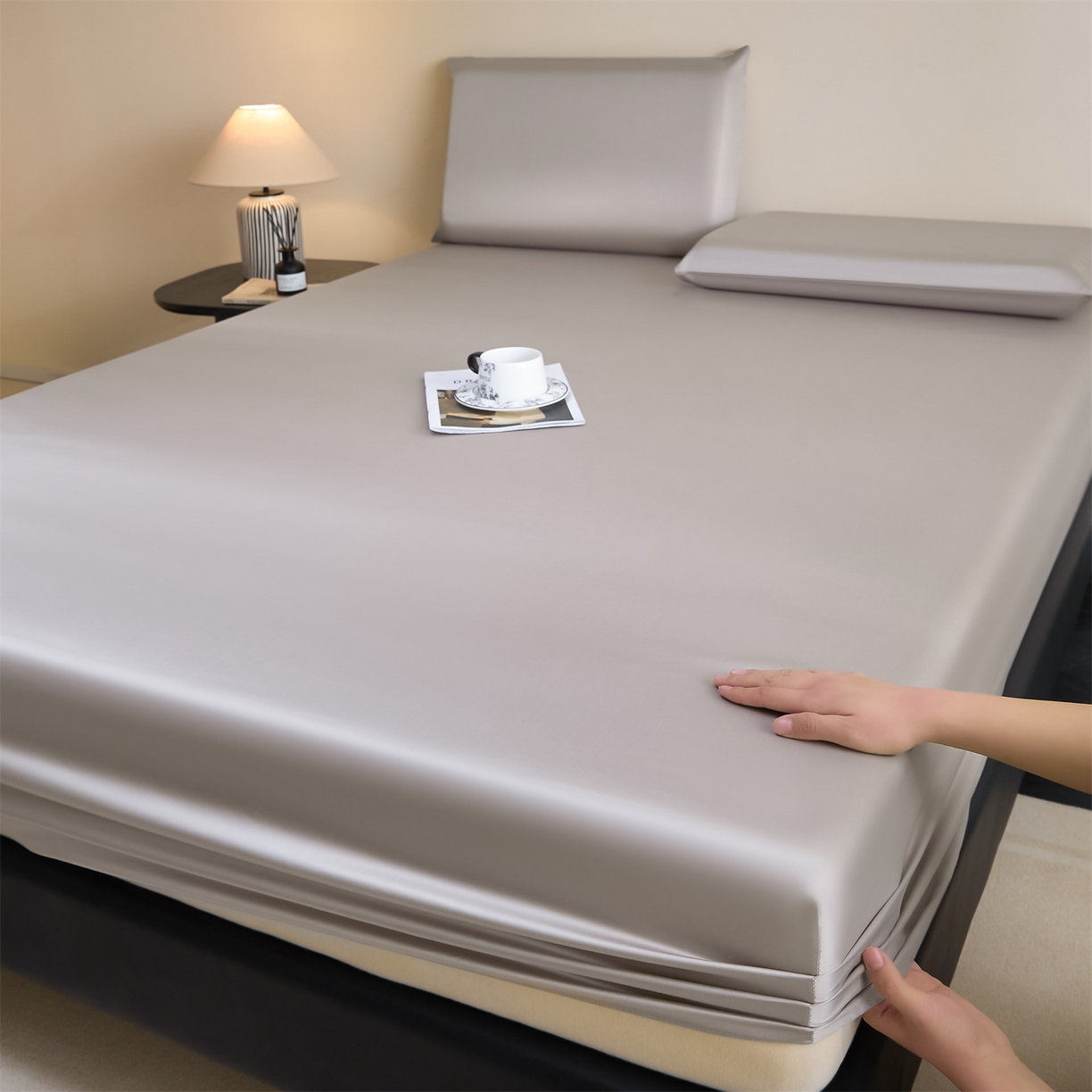 91家纺网 家纺一手货源 找家纺 DC 2026新款莱赛尔天丝纯色单品床笠 椰子灰