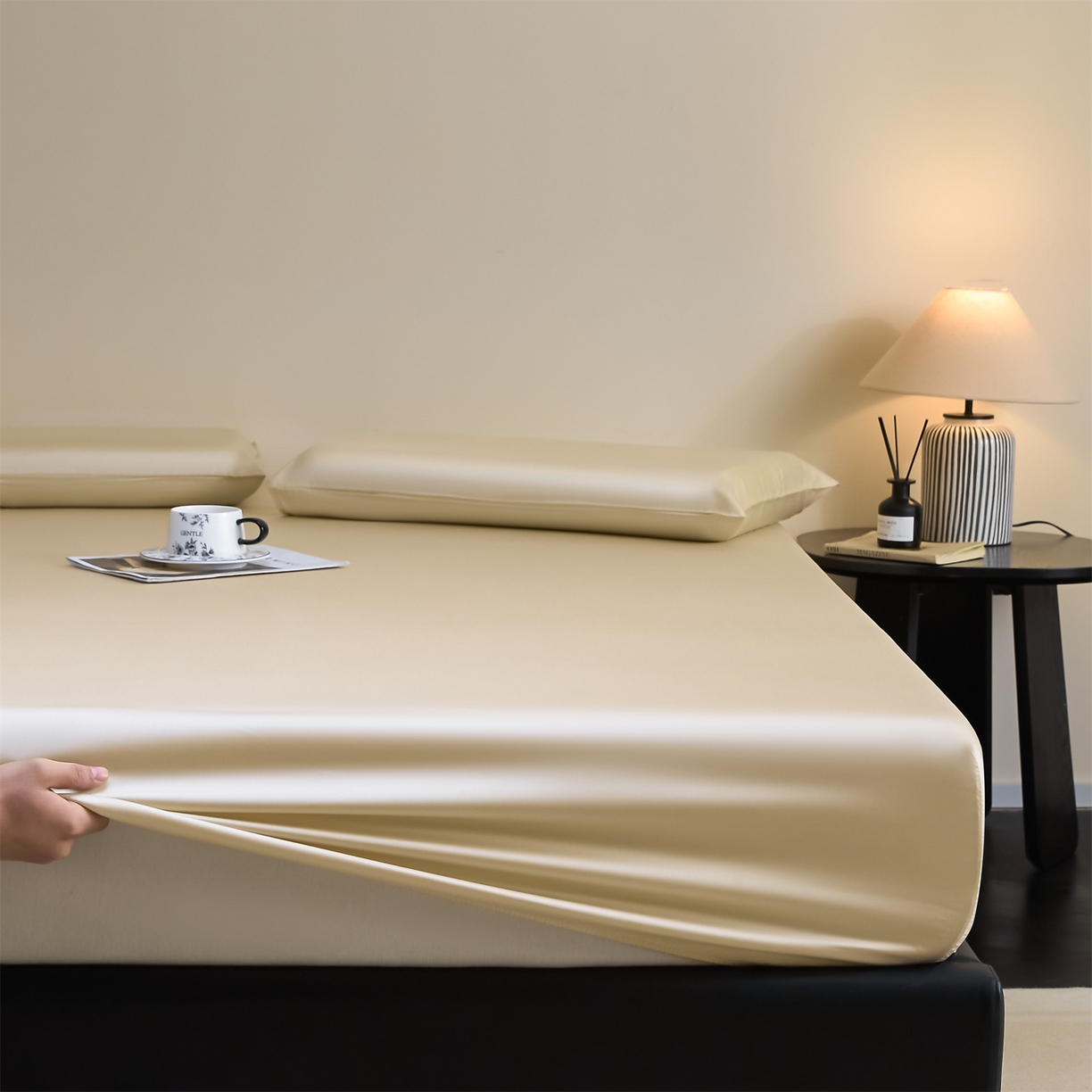 91家纺网 家纺一手货源 找家纺 DC 2026新款莱赛尔天丝纯色单品床笠 卡其