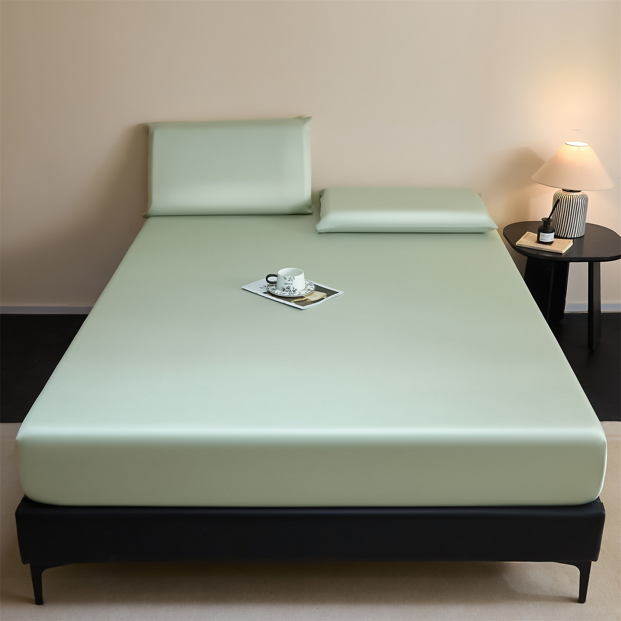 91家纺网 家纺一手货源 找家纺 DC 2026新款莱赛尔天丝纯色单品床笠 亚丁绿