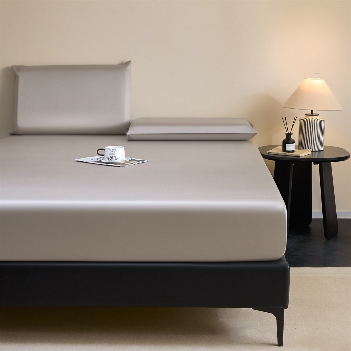 91家纺网 家纺一手货源 找家纺 DC 2026新款莱赛尔天丝纯色单品床笠 椰子灰