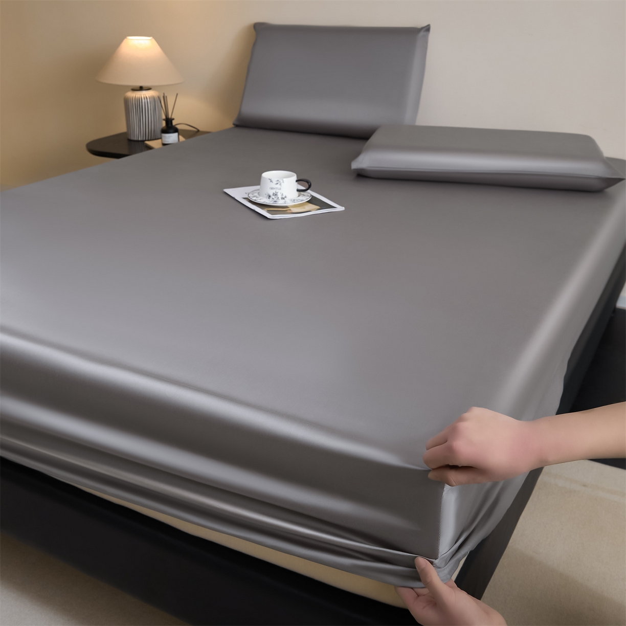 91家纺网 家纺一手货源 找家纺 DC 2026新款莱赛尔天丝纯色单品床笠 经典灰