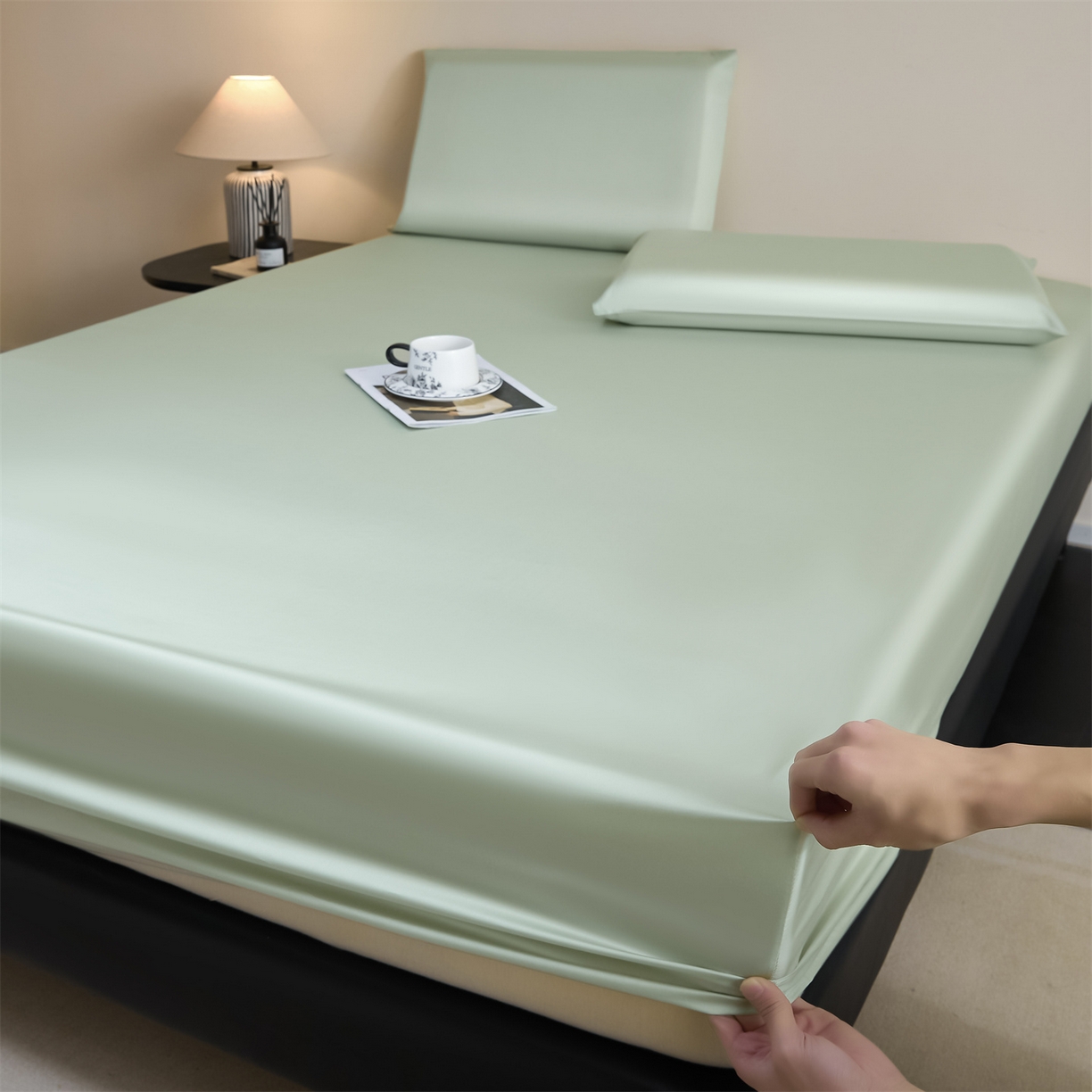 91家纺网 家纺一手货源 找家纺 DC 2026新款莱赛尔天丝纯色单品床笠 亚丁绿