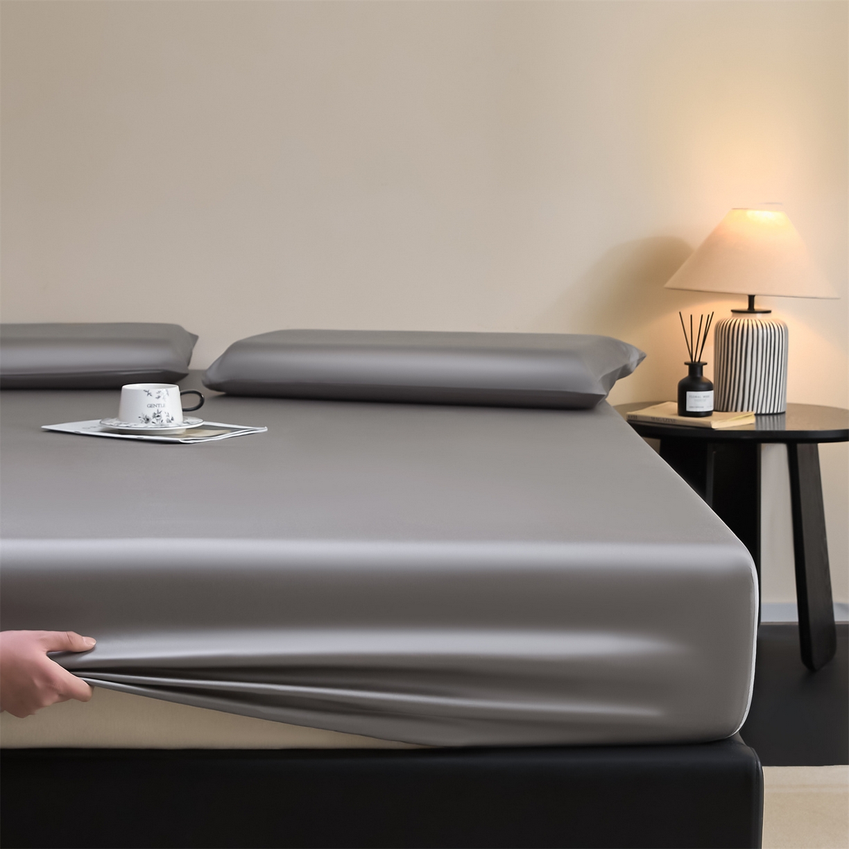 91家纺网 家纺一手货源 找家纺 DC 2026新款莱赛尔天丝纯色单品床笠 经典灰