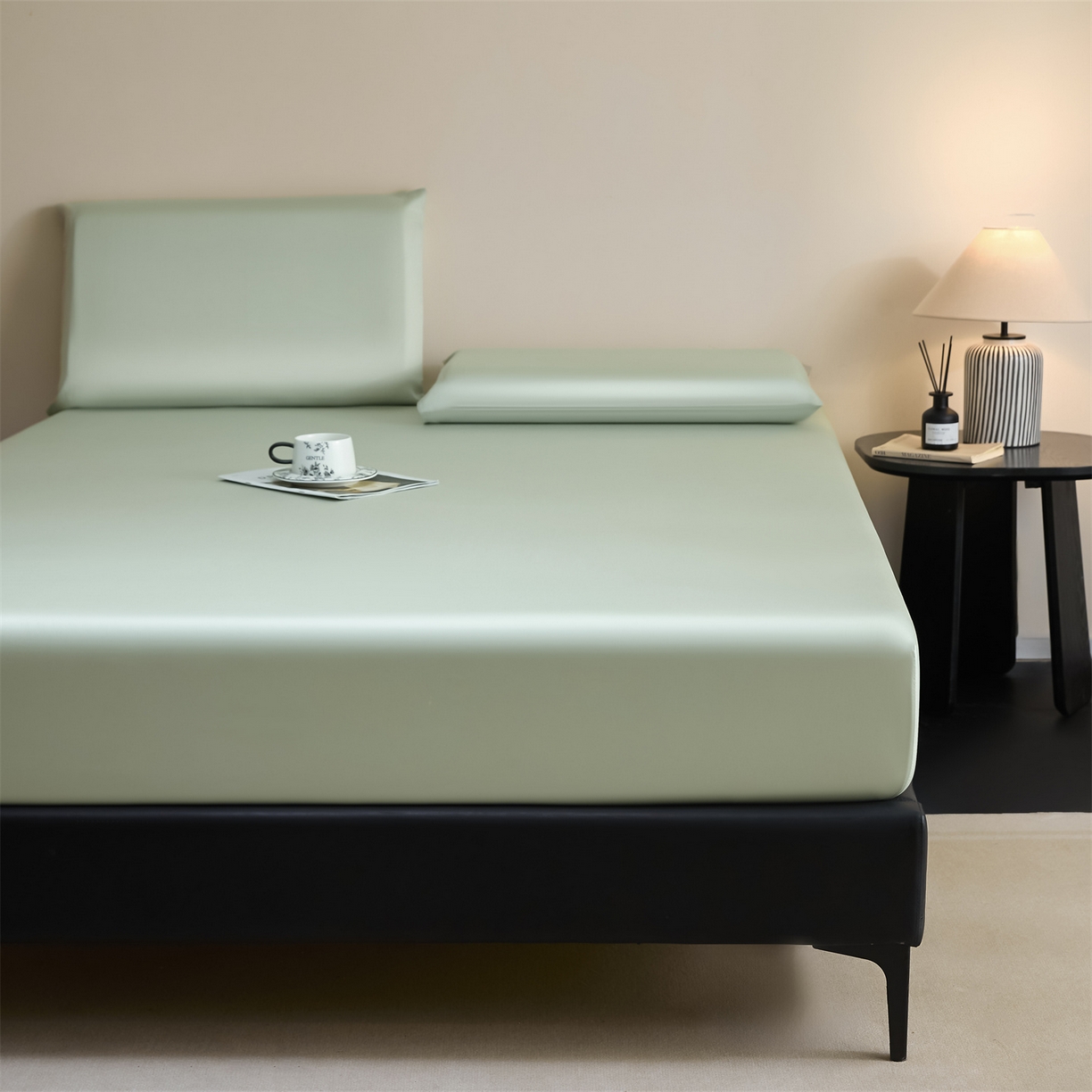 91家纺网 家纺一手货源 找家纺 DC 2026新款莱赛尔天丝纯色单品床笠 亚丁绿