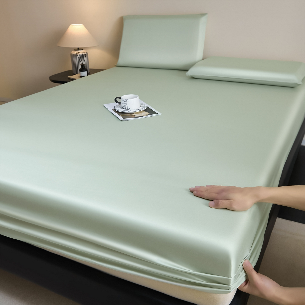 91家纺网 家纺一手货源 找家纺 DC 2026新款莱赛尔天丝纯色单品床笠 亚丁绿