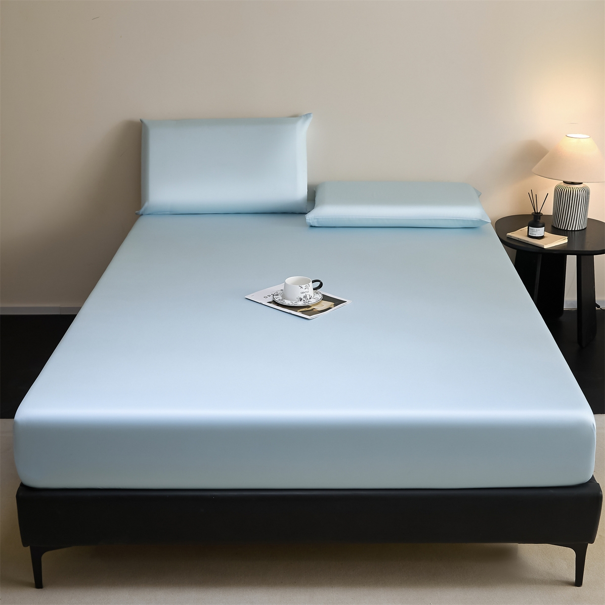 91家纺网 家纺一手货源 找家纺 DC 2026新款莱赛尔天丝纯色单品床笠 淡海蓝