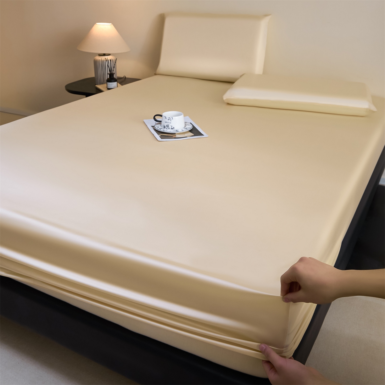 91家纺网 家纺一手货源 找家纺 DC 2026新款莱赛尔天丝纯色单品床笠 杏白