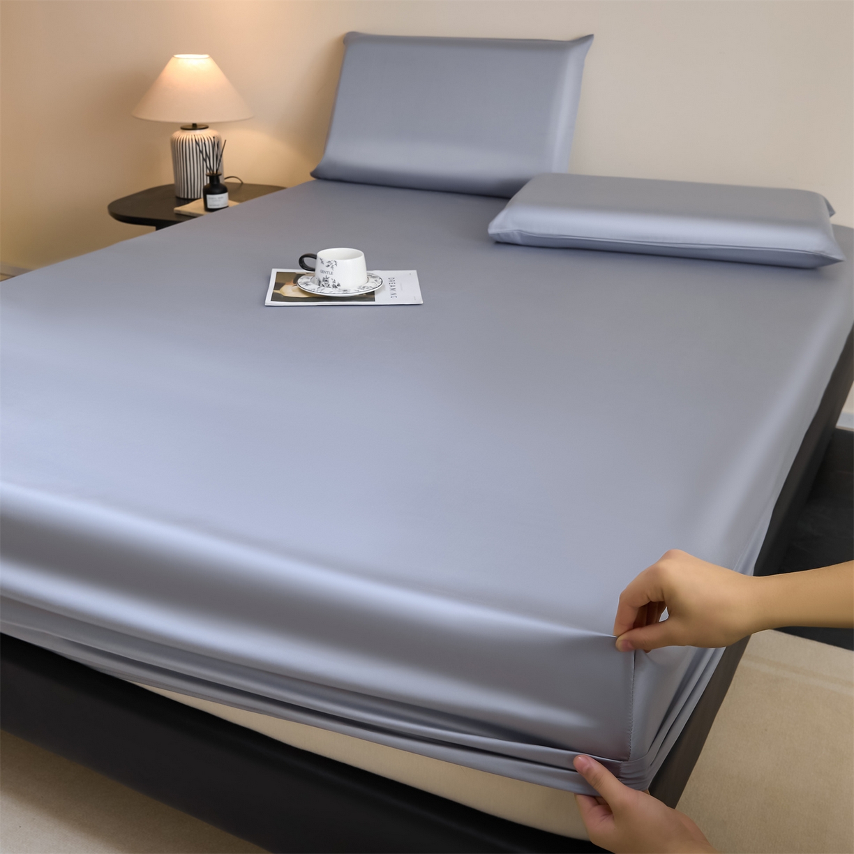 91家纺网 家纺一手货源 找家纺 DC 2026新款莱赛尔天丝纯色单品床笠 极光蓝