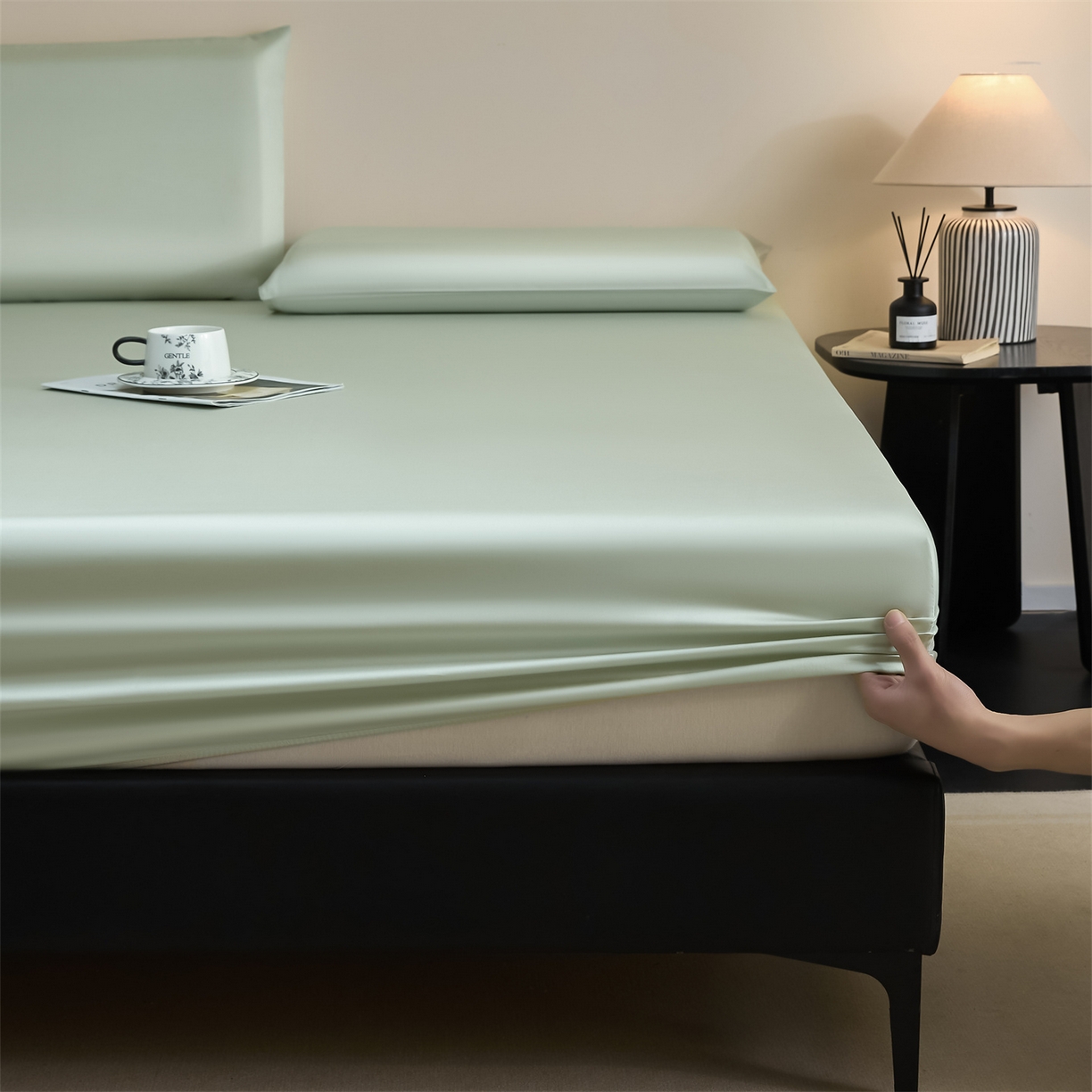 91家纺网 家纺一手货源 找家纺 DC 2026新款莱赛尔天丝纯色单品床笠 亚丁绿