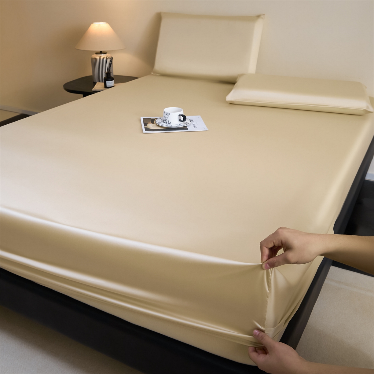 91家纺网 家纺一手货源 找家纺 DC 2026新款莱赛尔天丝纯色单品床笠 卡其