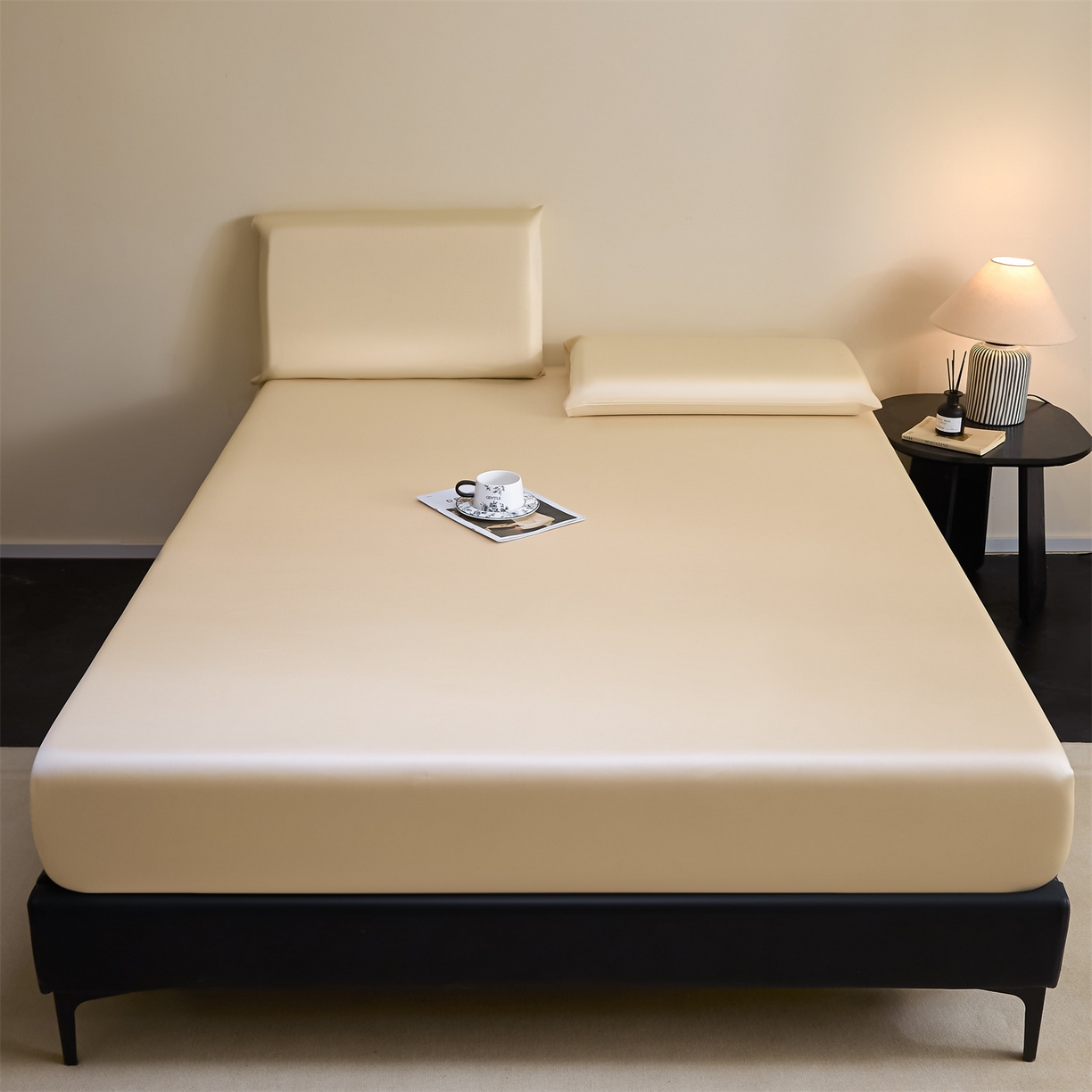 91家纺网 家纺一手货源 找家纺 DC 2026新款莱赛尔天丝纯色单品床笠 杏白