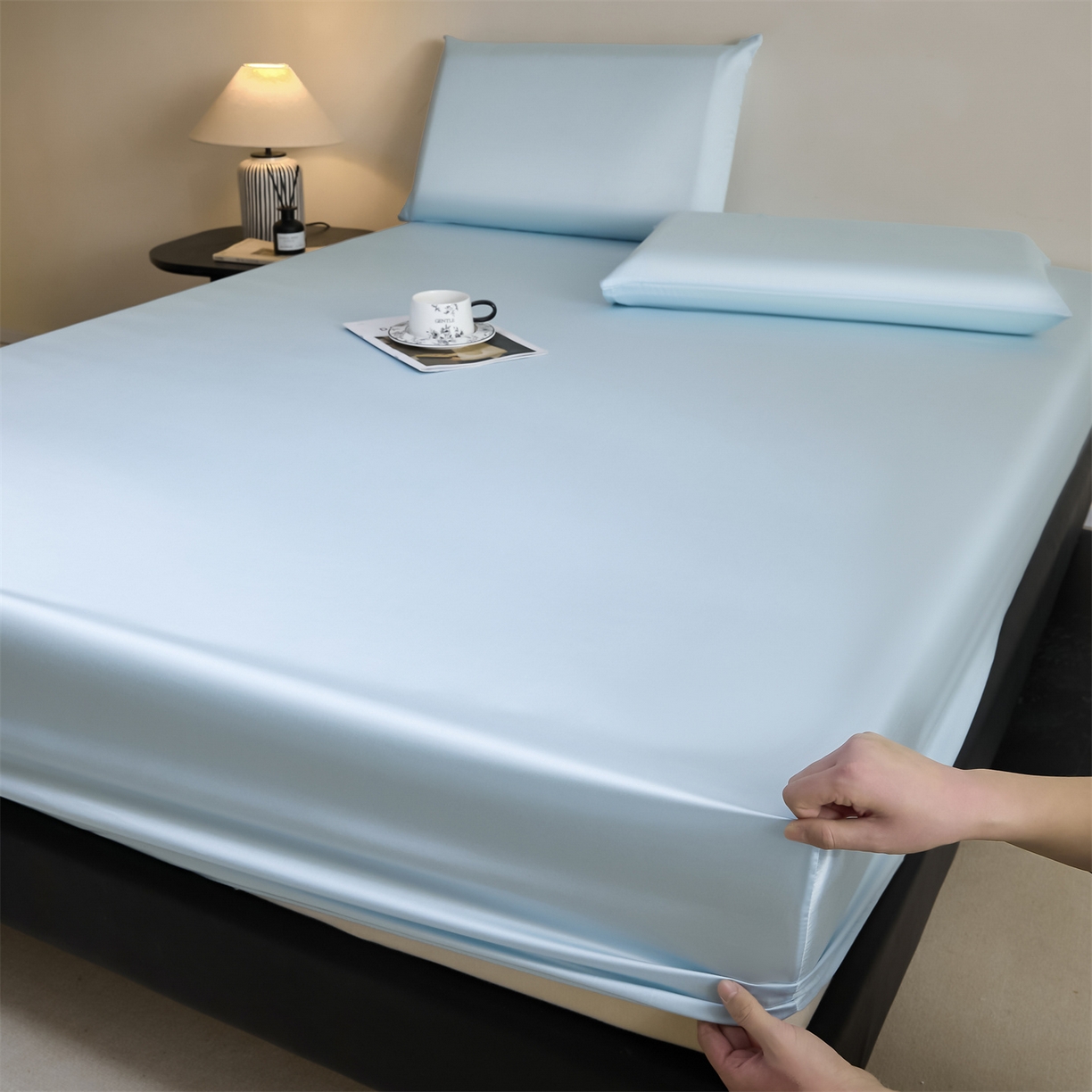 91家纺网 家纺一手货源 找家纺 DC 2026新款莱赛尔天丝纯色单品床笠 淡海蓝