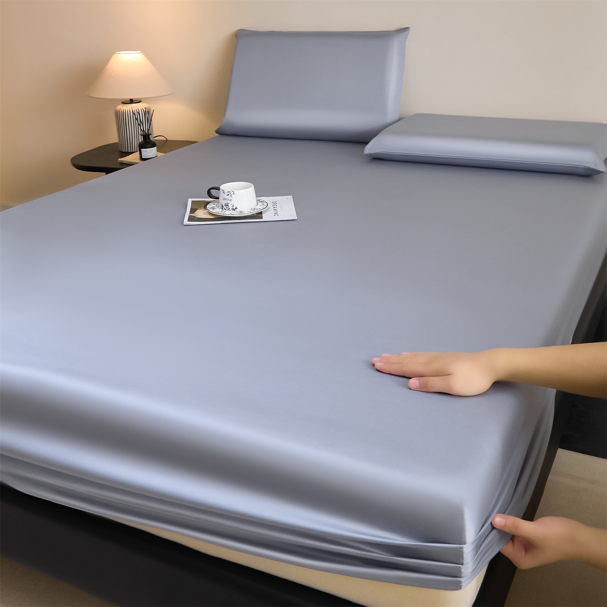 91家纺网 家纺一手货源 找家纺 DC 2026新款莱赛尔天丝纯色单品床笠 极光蓝