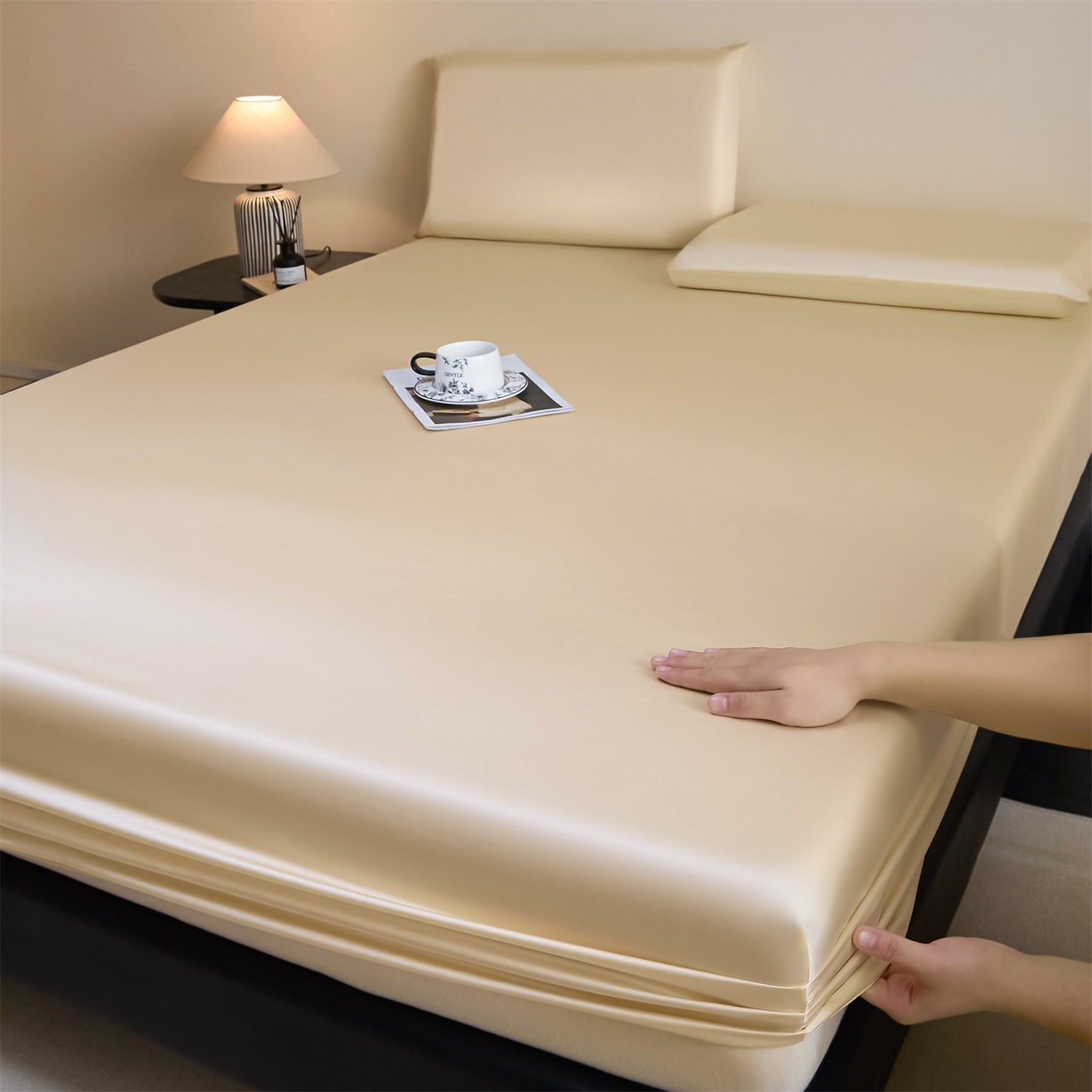 91家纺网 家纺一手货源 找家纺 DC 2026新款莱赛尔天丝纯色单品床笠 杏白