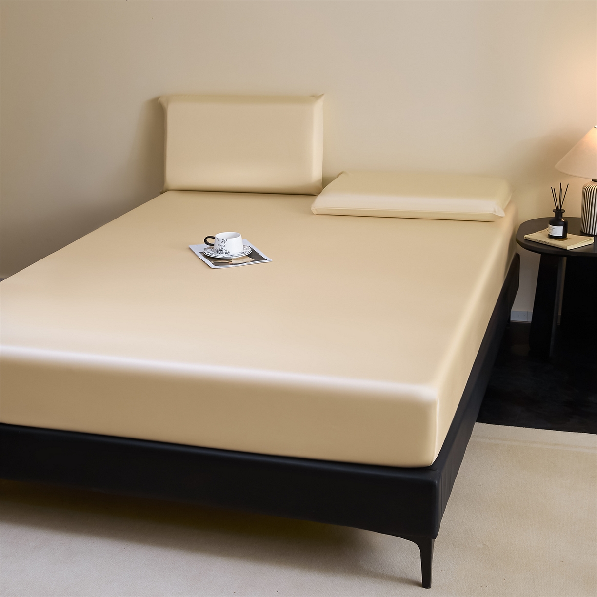 91家纺网 家纺一手货源 找家纺 DC 2026新款莱赛尔天丝纯色单品床笠 杏白