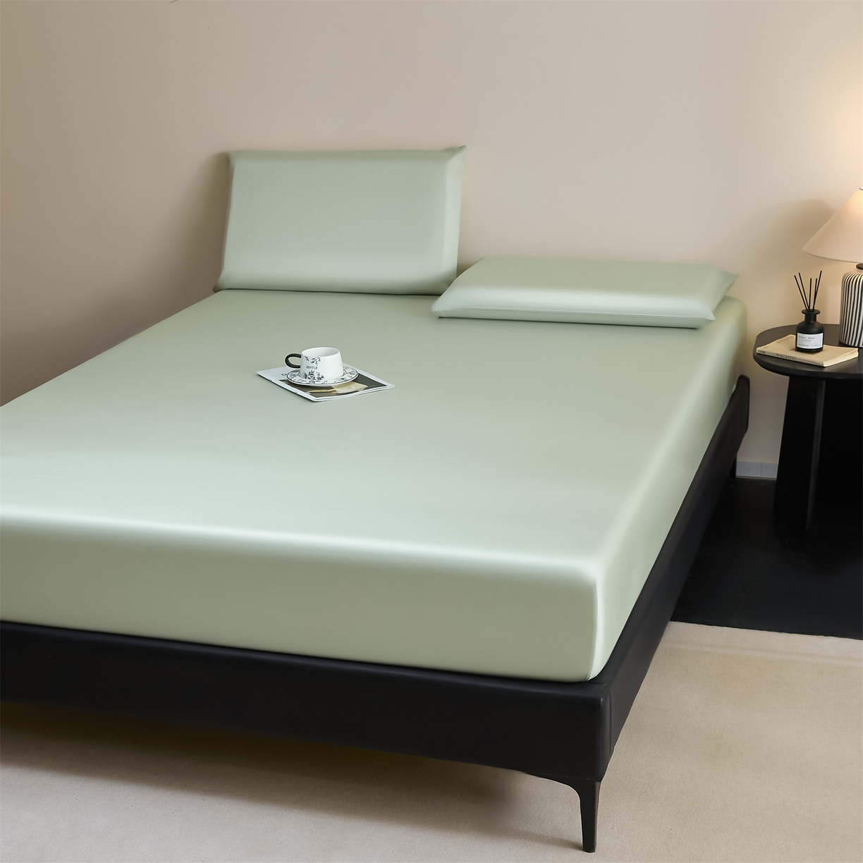 91家纺网 家纺一手货源 找家纺 DC 2026新款莱赛尔天丝纯色单品床笠 亚丁绿