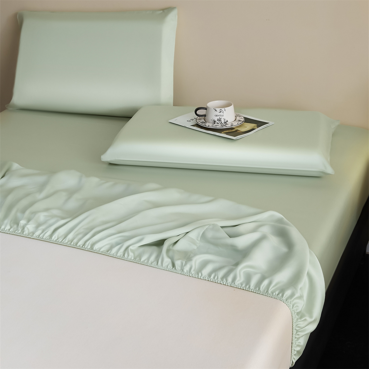 91家纺网 家纺一手货源 找家纺 DC 2026新款莱赛尔天丝纯色单品床笠 亚丁绿