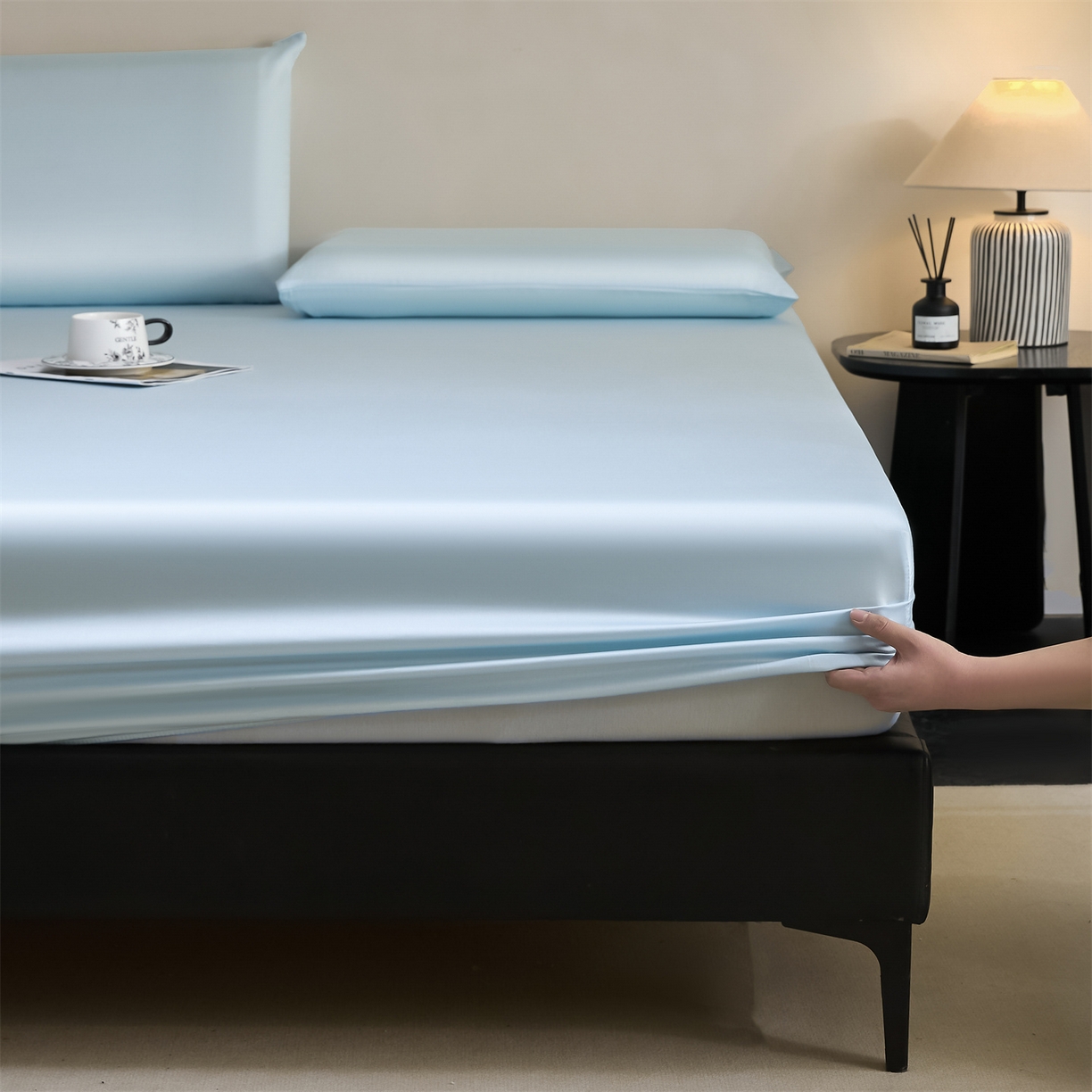 91家纺网 家纺一手货源 找家纺 DC 2026新款莱赛尔天丝纯色单品床笠 淡海蓝