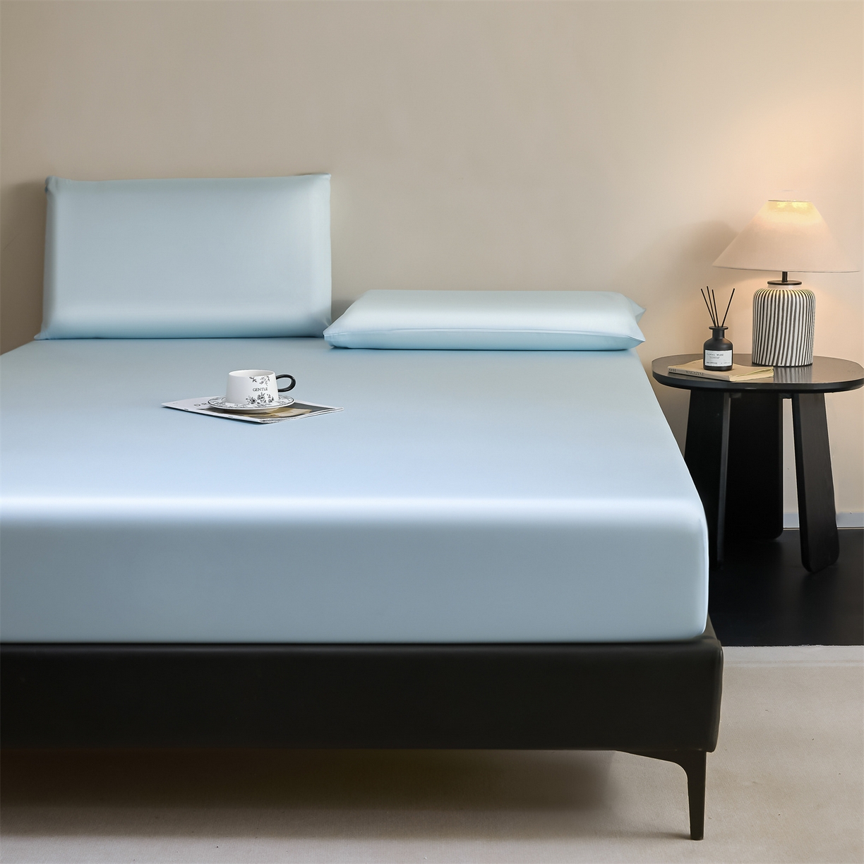 91家纺网 家纺一手货源 找家纺 DC 2026新款莱赛尔天丝纯色单品床笠 淡海蓝