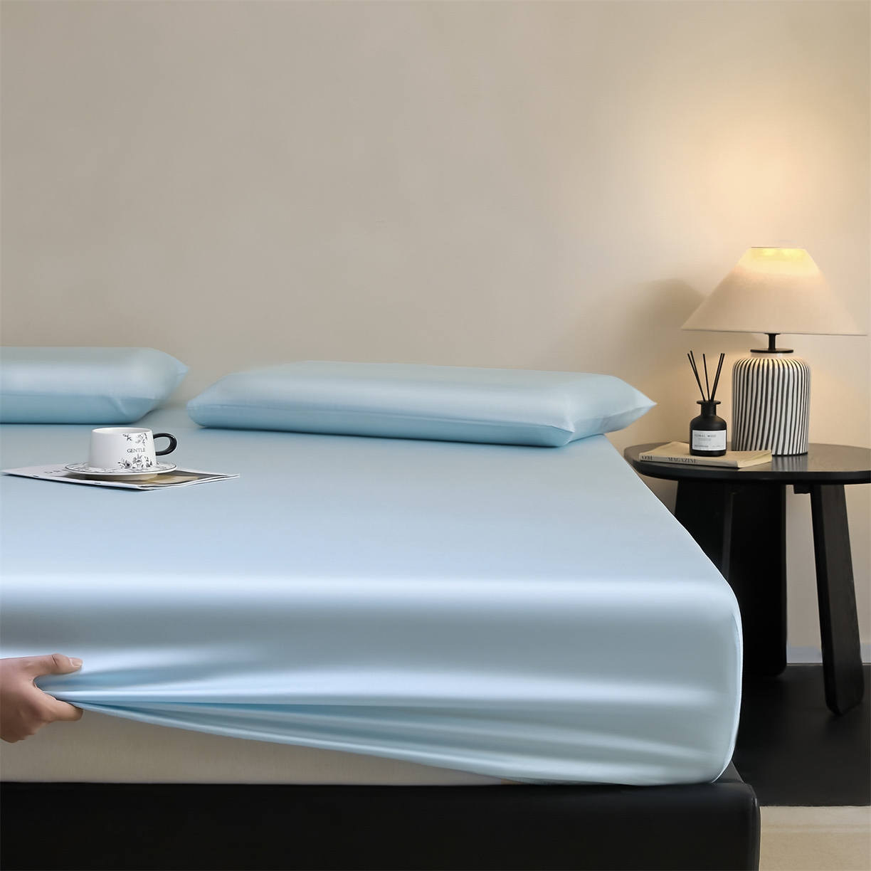 91家纺网 家纺一手货源 找家纺 DC 2026新款莱赛尔天丝纯色单品床笠 淡海蓝