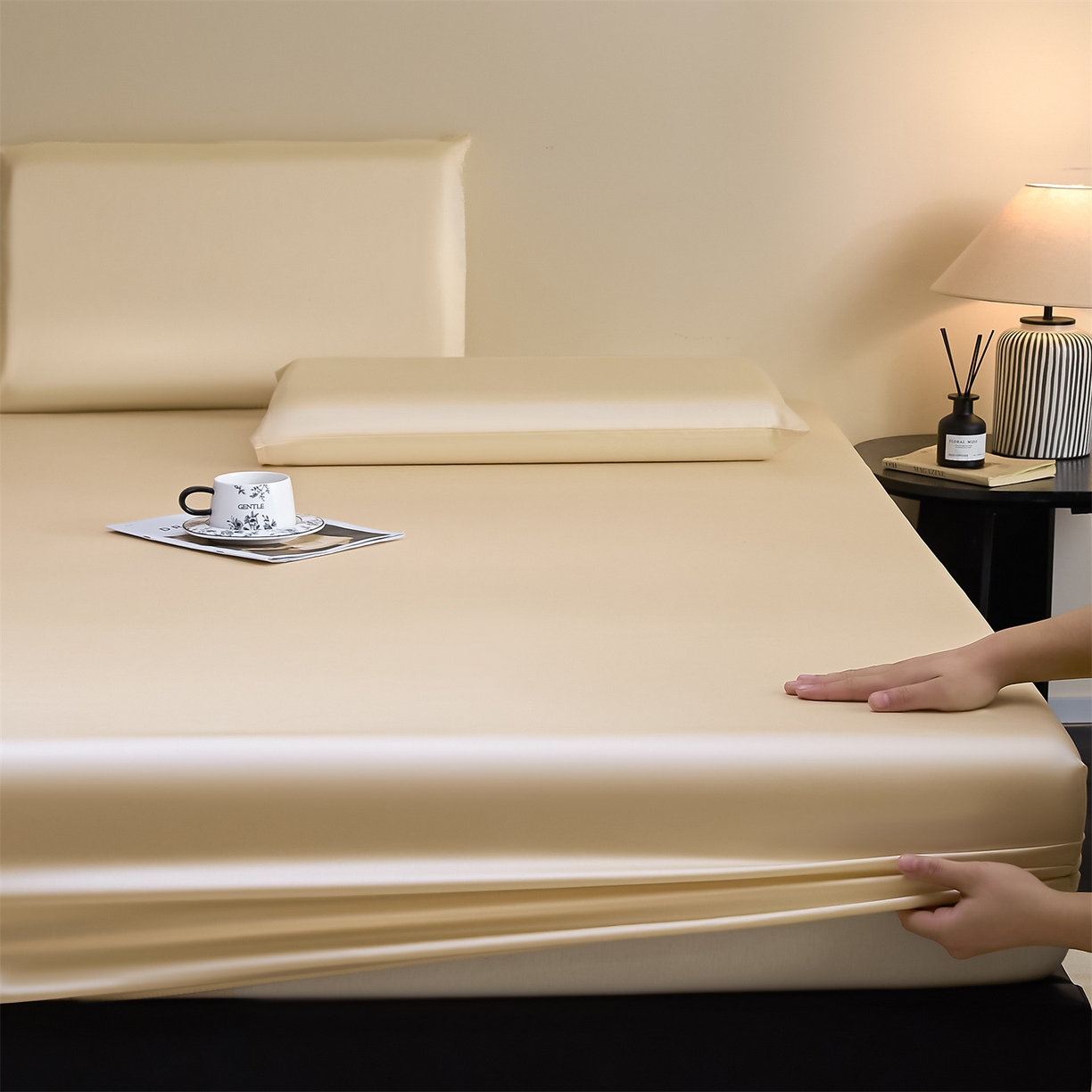 DC 2026新款莱赛尔天丝纯色单品床笠 杏白