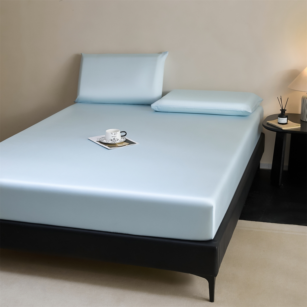 91家纺网 家纺一手货源 找家纺 DC 2026新款莱赛尔天丝纯色单品床笠 淡海蓝