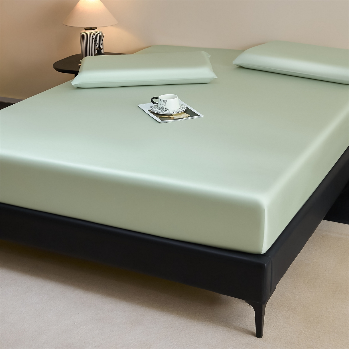 91家纺网 家纺一手货源 找家纺 DC 2026新款莱赛尔天丝纯色单品床笠 亚丁绿