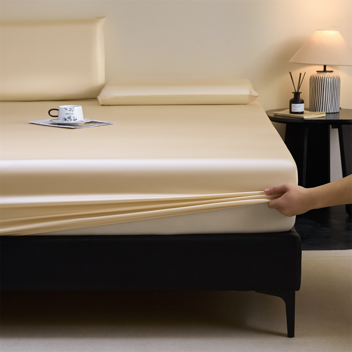 91家纺网 家纺一手货源 找家纺 DC 2026新款莱赛尔天丝纯色单品床笠 杏白