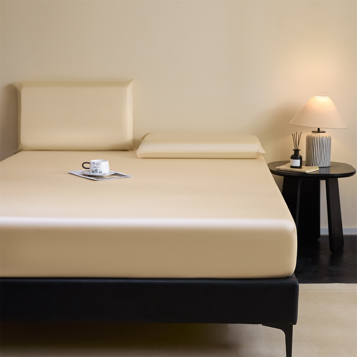 91家纺网 家纺一手货源 找家纺 DC 2026新款莱赛尔天丝纯色单品床笠 杏白