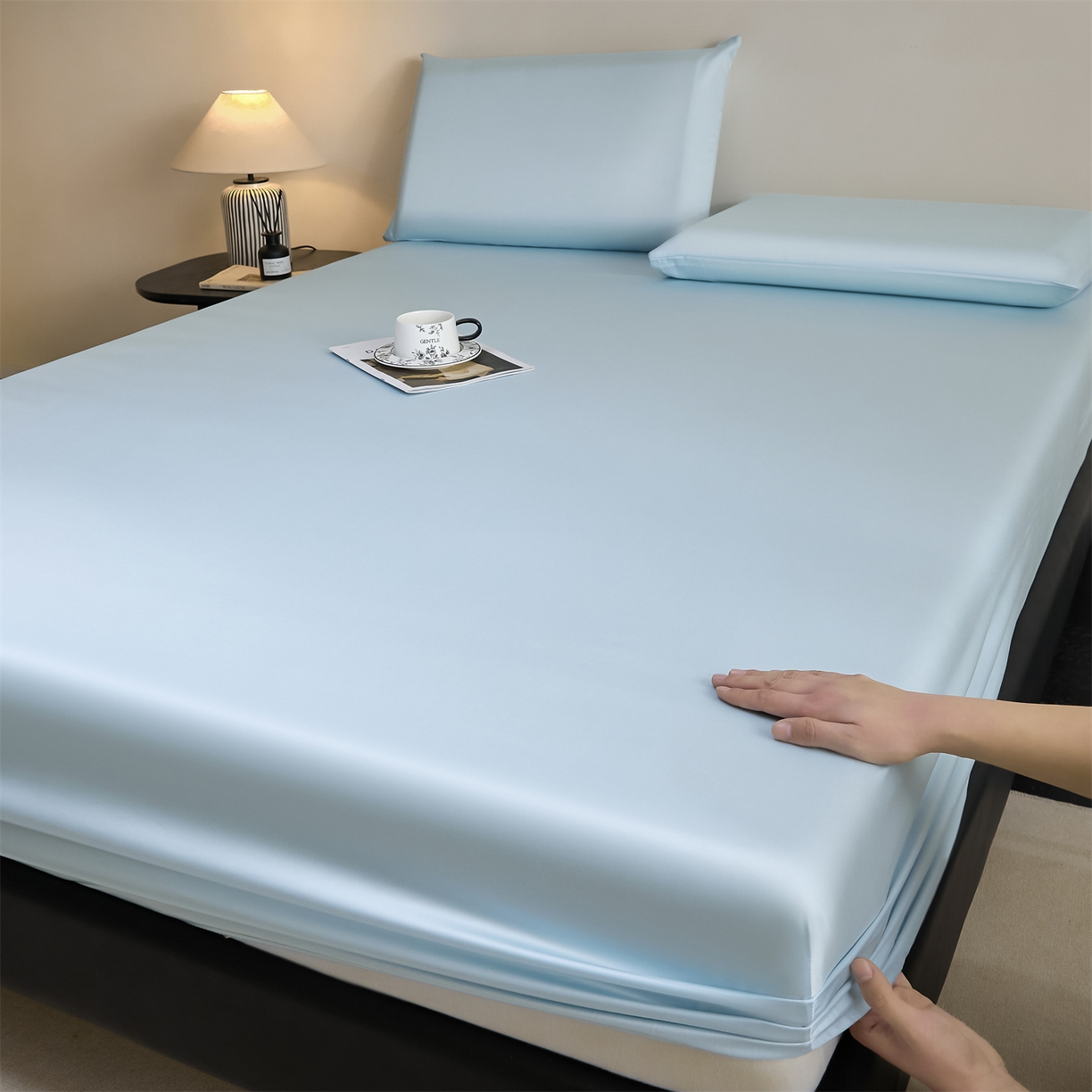 91家纺网 家纺一手货源 找家纺 DC 2026新款莱赛尔天丝纯色单品床笠 淡海蓝