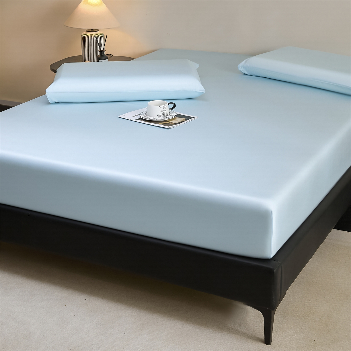 91家纺网 家纺一手货源 找家纺 DC 2026新款莱赛尔天丝纯色单品床笠 淡海蓝