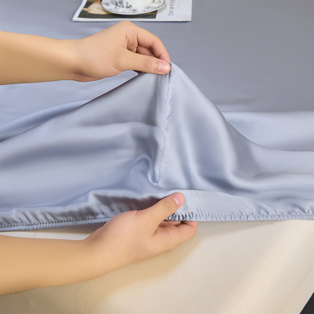 91家纺网 家纺一手货源 找家纺 DC 2026新款莱赛尔天丝纯色单品床笠 极光蓝