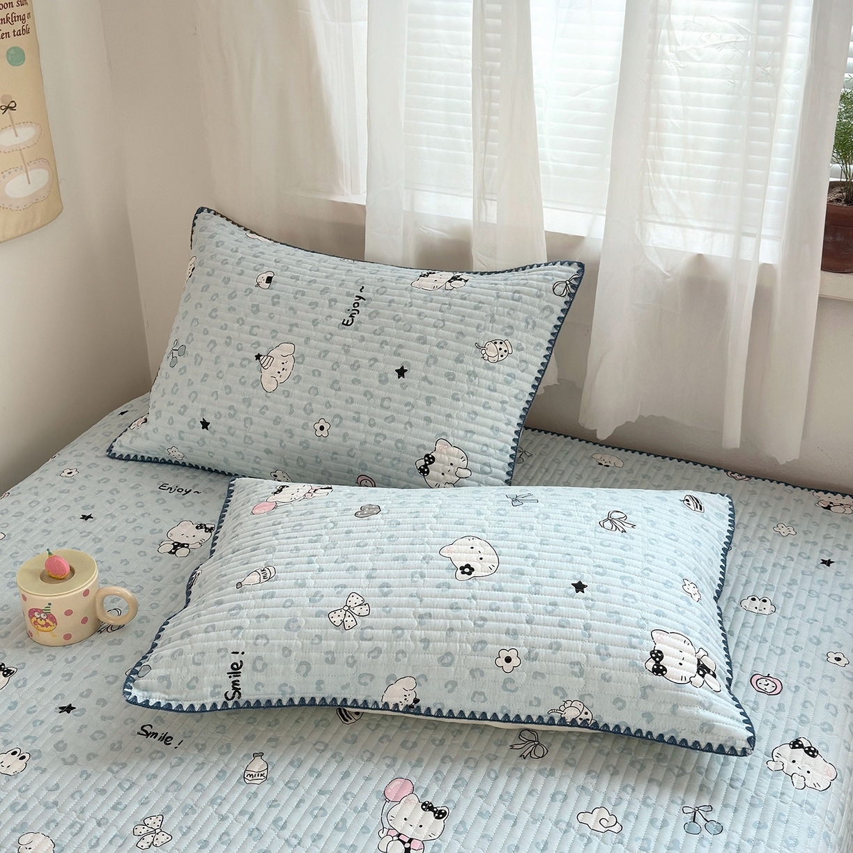 91家纺网 家纺一手货源 找家纺 妮可 2026新款贝壳边双面全棉床盖四件套 豹纹猫咪