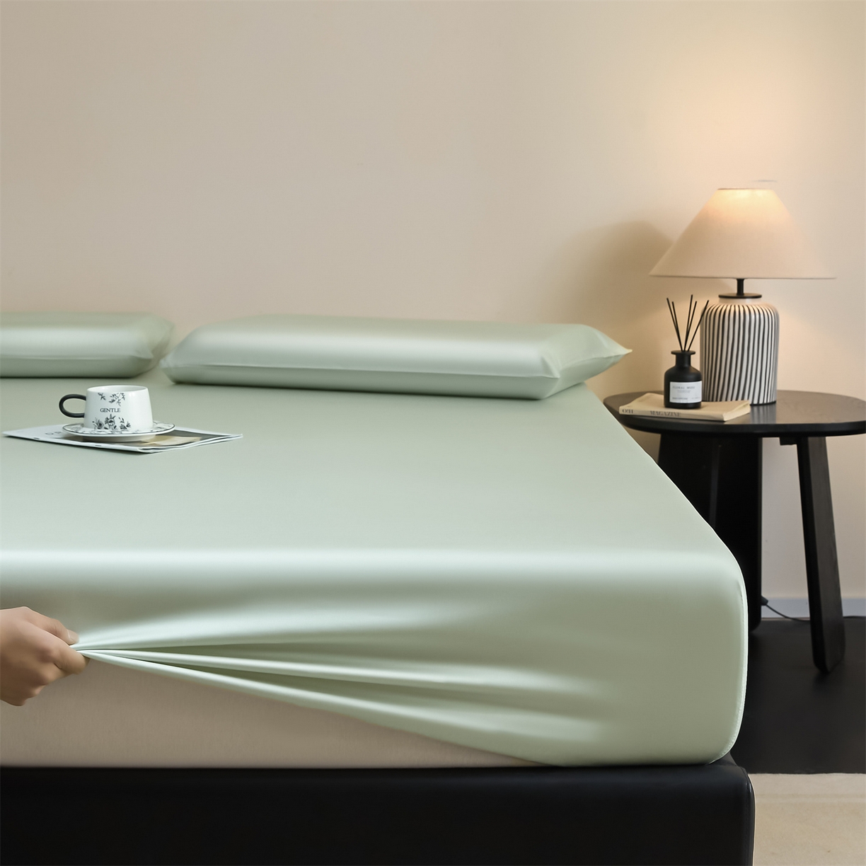 91家纺网 家纺一手货源 找家纺 DC 2026新款莱赛尔天丝纯色单品床笠 亚丁绿