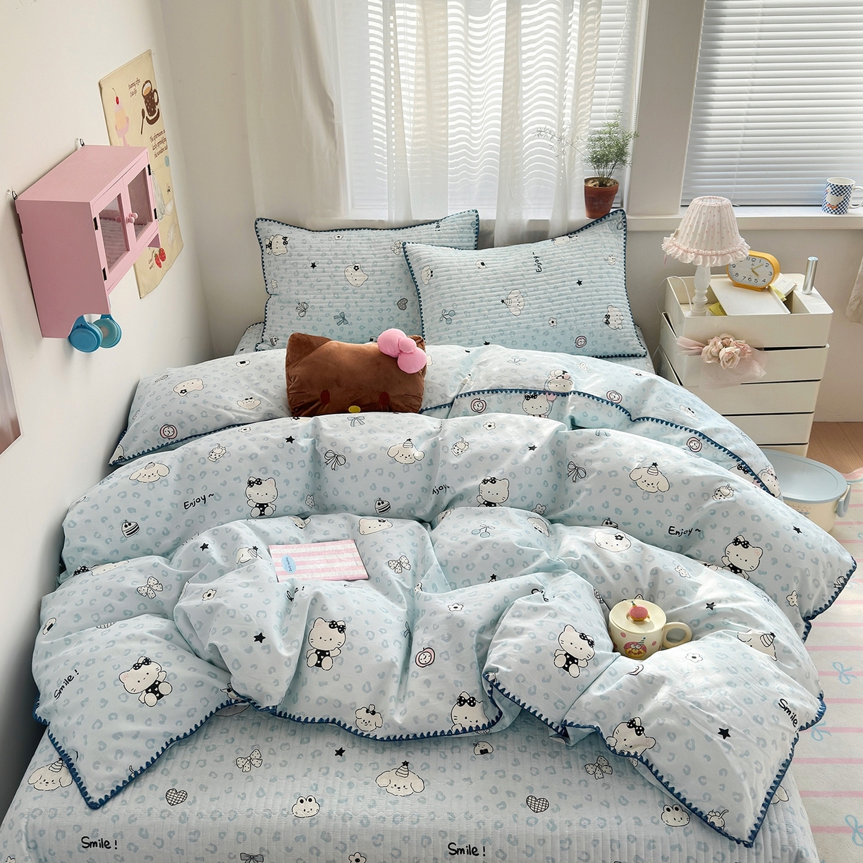 91家纺网 家纺一手货源 找家纺 妮可 2026新款贝壳边双面全棉床盖四件套 豹纹猫咪