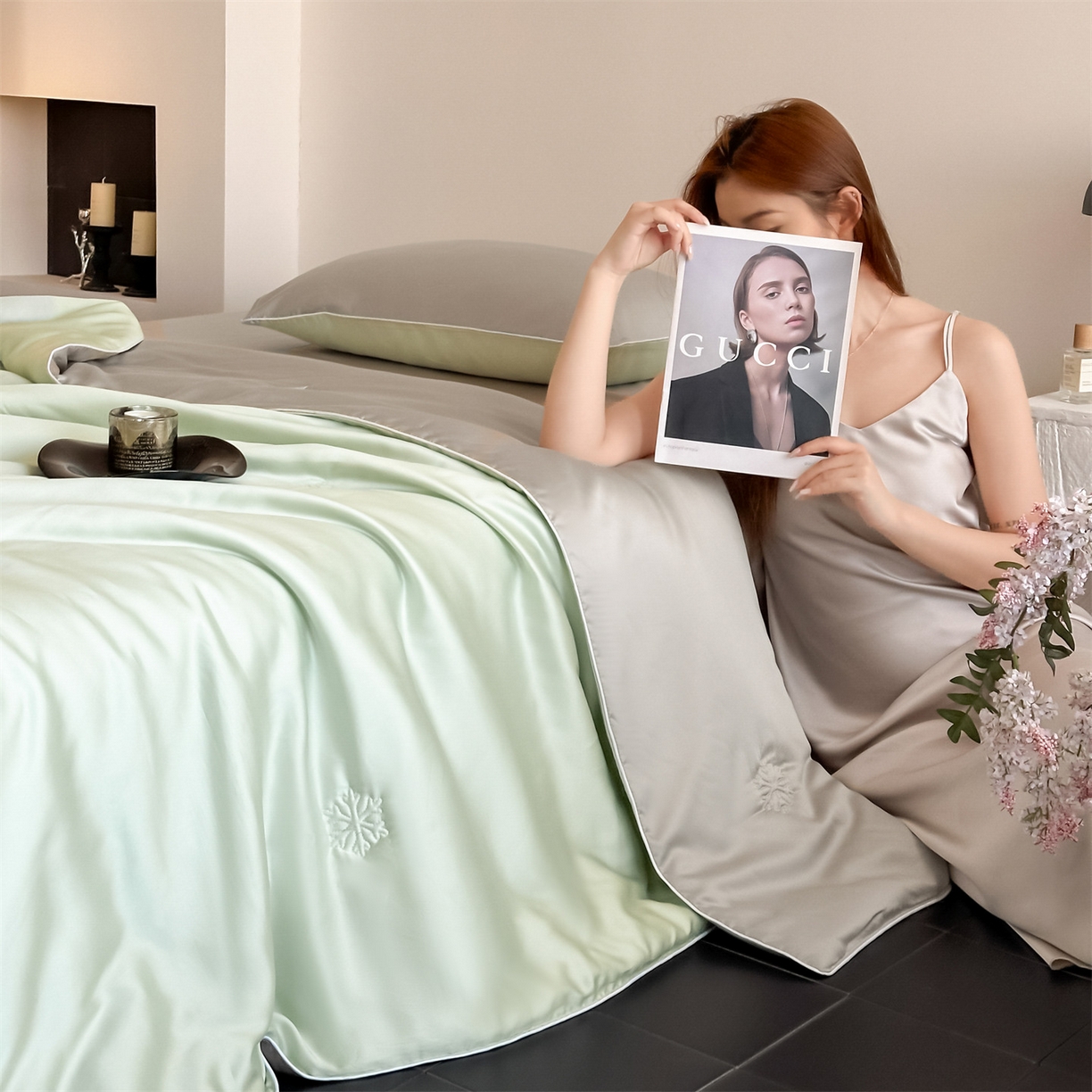 91家纺网 家纺一手货源 找家纺 （总）无界 2026新款水洗真丝夏被-麻绳雪花绗缝-伊芙琳