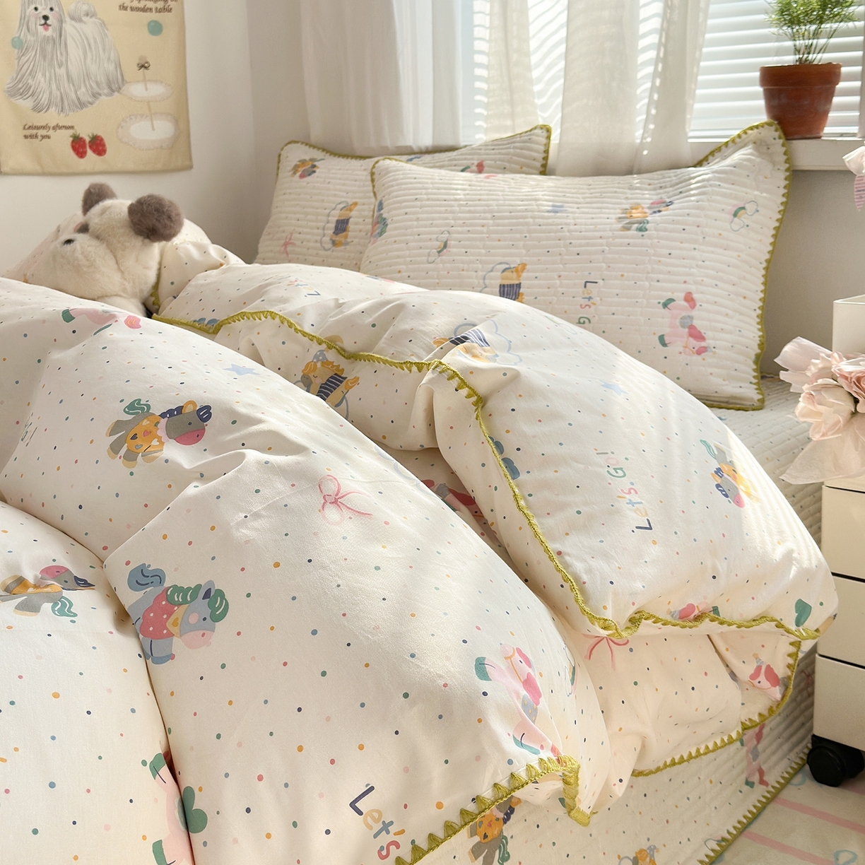 妮可 2026新款贝壳边双面全棉床盖四件套 快乐小马